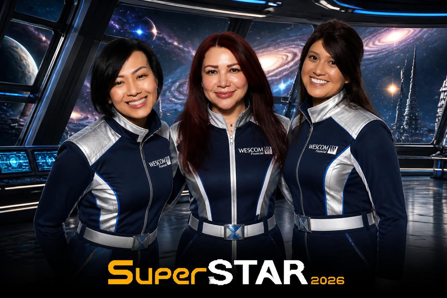 Three corporate guests transformed into a custom space-themed AI portrait